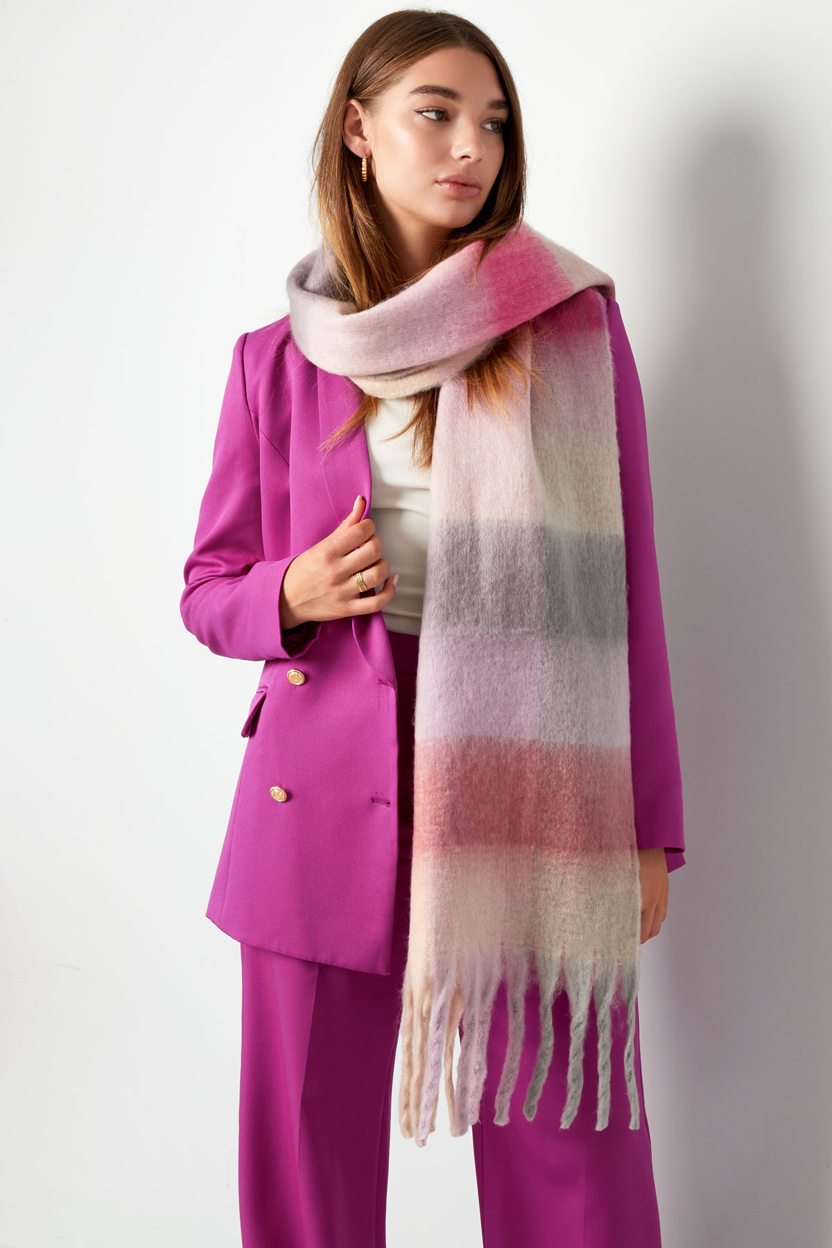 Kışlık eşarp kareli renkler Lilac Polyester h5 Resim3